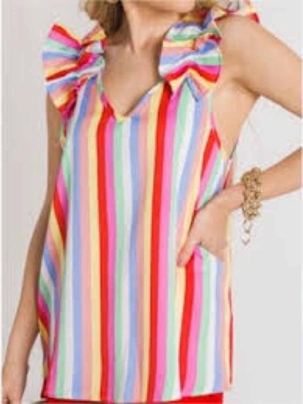Entro Rainbow Striped Embroidered Flutter Sleeve Top Blouse Colorful Size S M